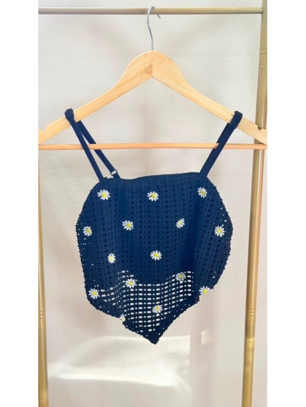 Size M Boho chic black Daisy Crochet Handkerchief Cami Top